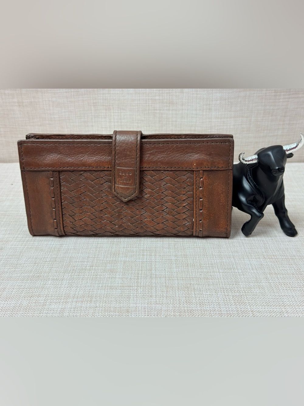 Cleo + Wolf Brown Leather Basketweave Long Bifold Wallet
